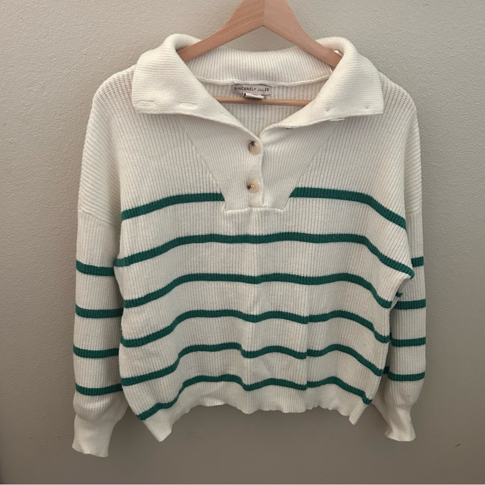 Preppy‎ Striped Polo Collared Button Knit Sweater - Green & White Size Medium